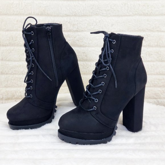 Vivian Black Faux Suede Chunky Heel Platform Ankle Boots - Picture 13 of 14